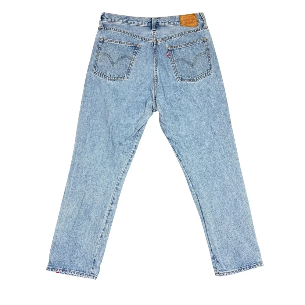 Levis Jeans Mens 32x28 Blue 501 Premium Logo Side Stripe Straight Leg Button Fly